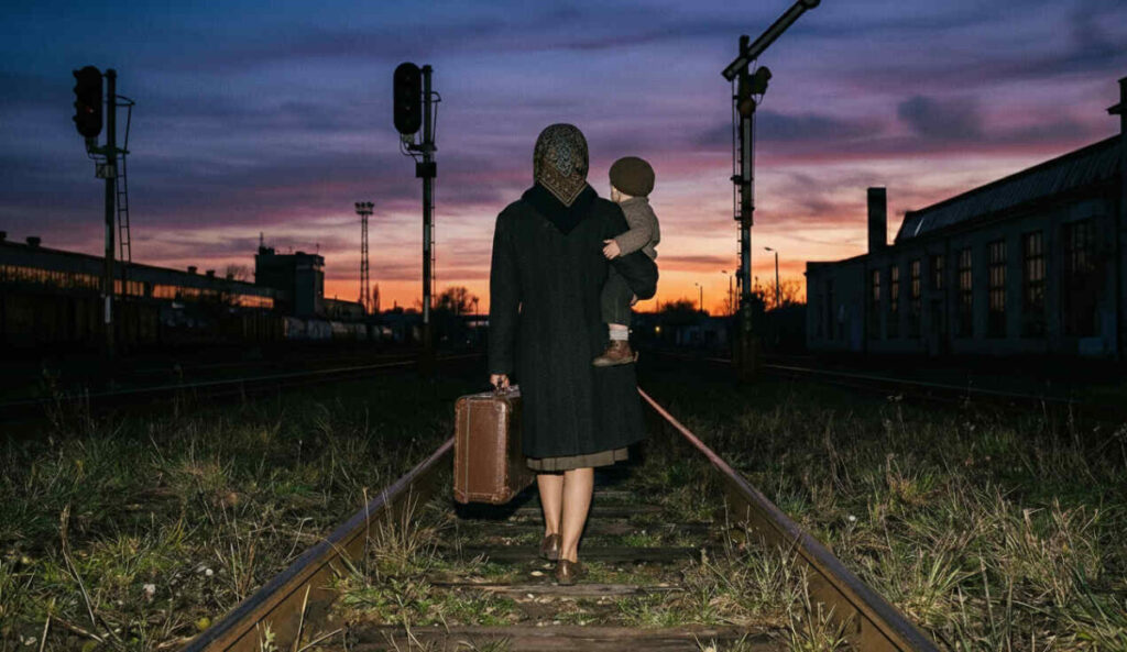 Jonge vrouw met kind loopt op de treinsporen 