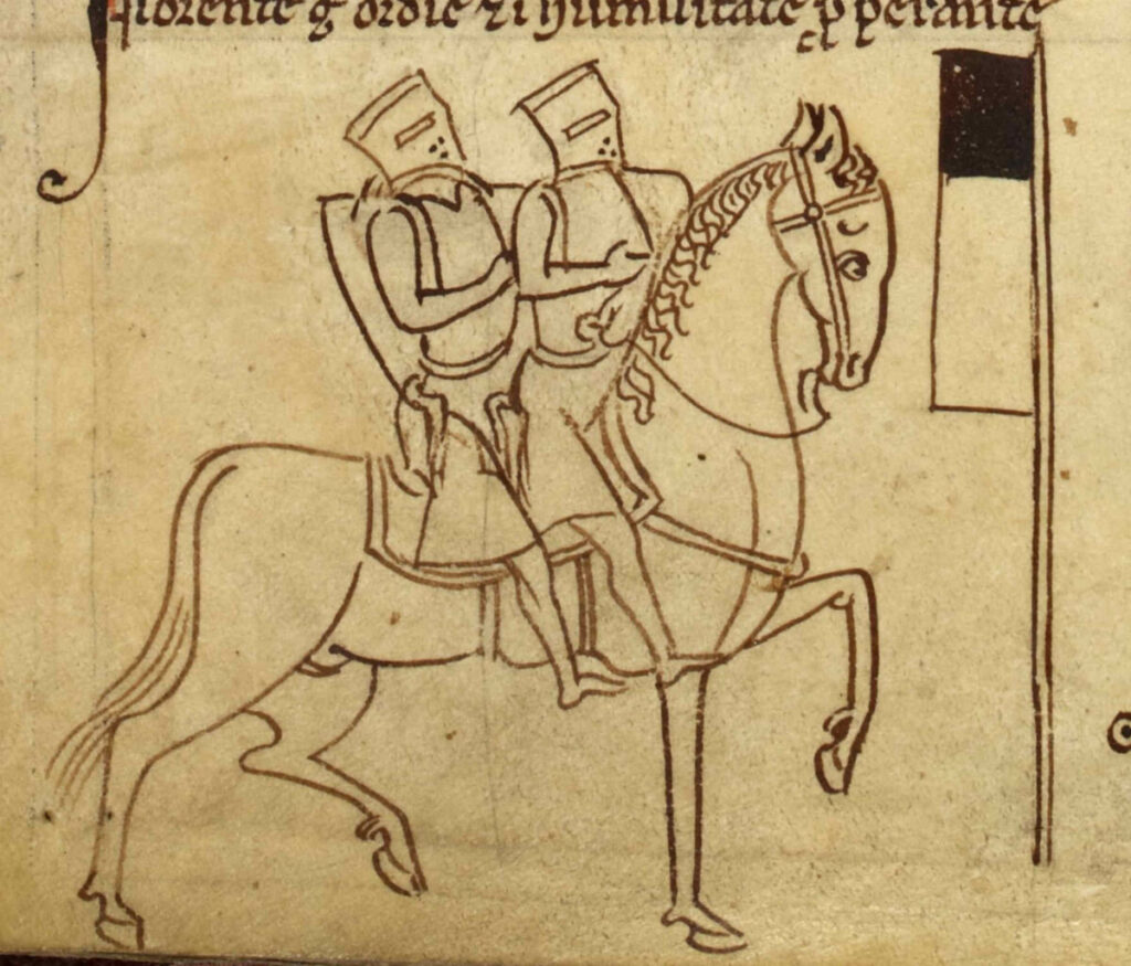 Twee ridders tempeliers te paard. Volgens de legende waren de ridders in het begin zo arm dat de stichters samen één paard moesten delen. Dit beeld werd het iconische zegel van de tempeliers
