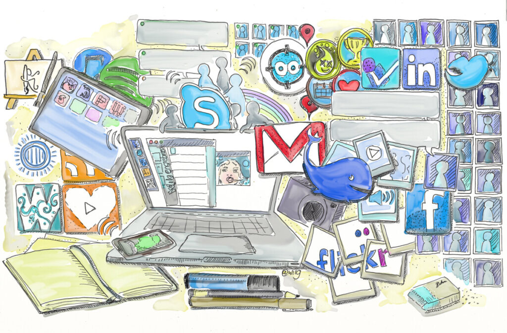 Tekening van een computer met de logo's van alle social mediabesdrijven eromheen