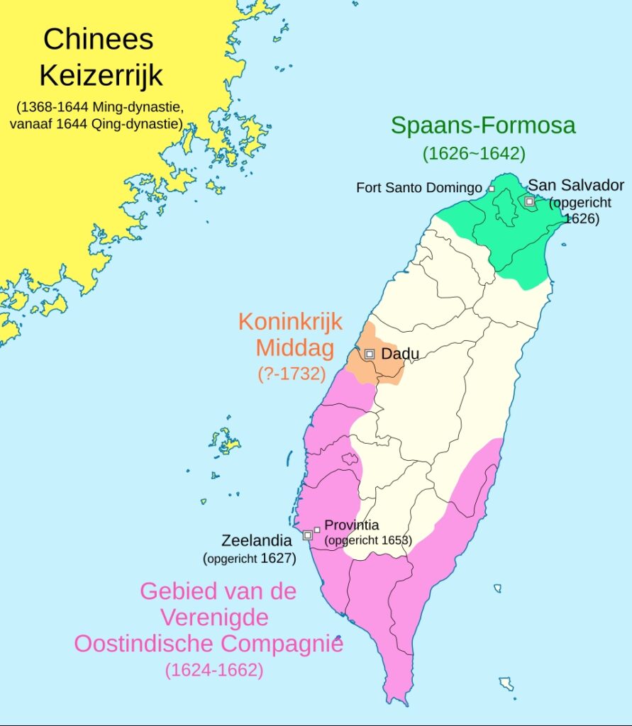 Kaart koloniaal Formosa. Nederlands en Spaans deel. China zichtbaar