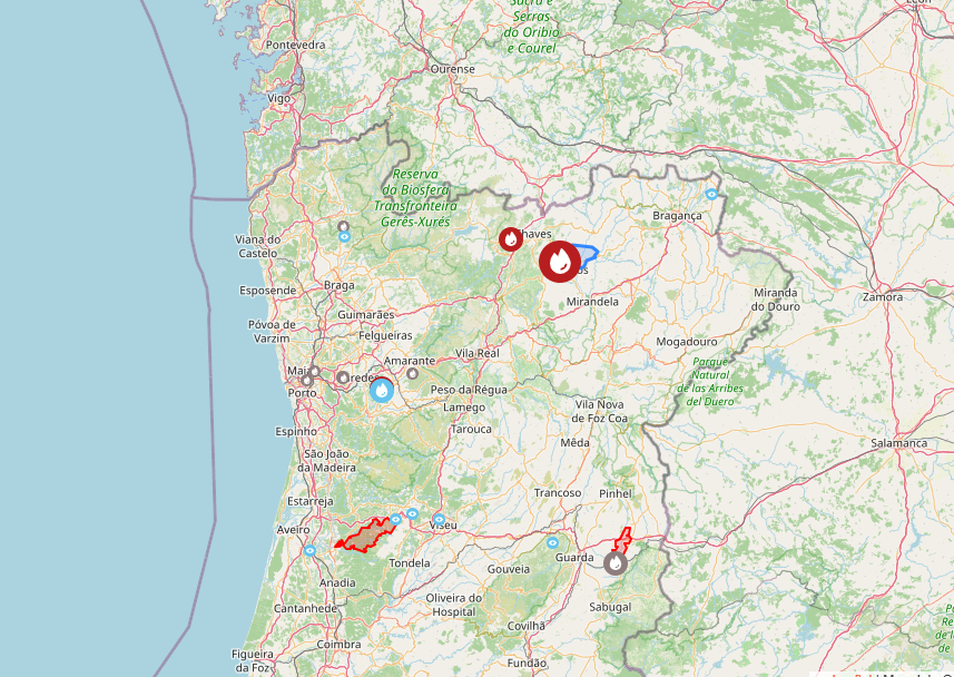 Landkaart van Portugal, de eerste pagina van de website fogos.pt