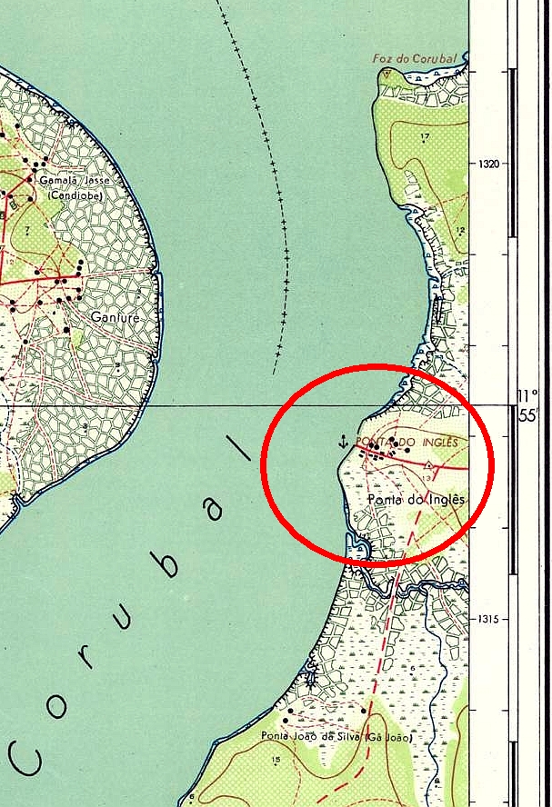Deel stafkaart Portugees-Guinea (1955) met  dorp Ponta do Inglês
