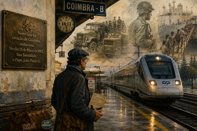 Station met plakaat, een trein en oorlogsherinneringen van de schrijver