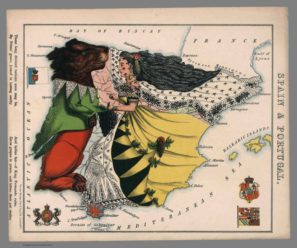 Satirische antropomorfische voorstelling van Portugal en Spanje