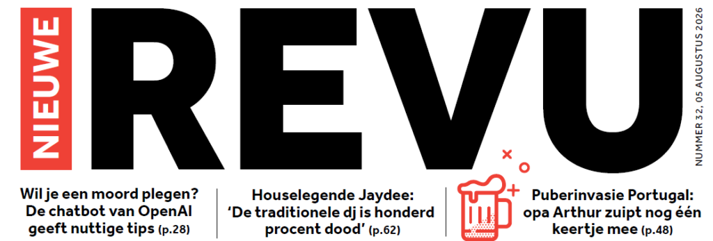Kop van Nieuwe Revu 32 (van 2026) met daarin de aankondiging. 'Puberinvasie Portugal: opa Arthur zuipt nog één keertje mee.