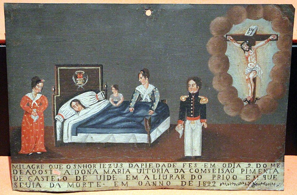 Schilderij met ziek persoon op bed, personen eromheen. Tekst over het geschiede wonder