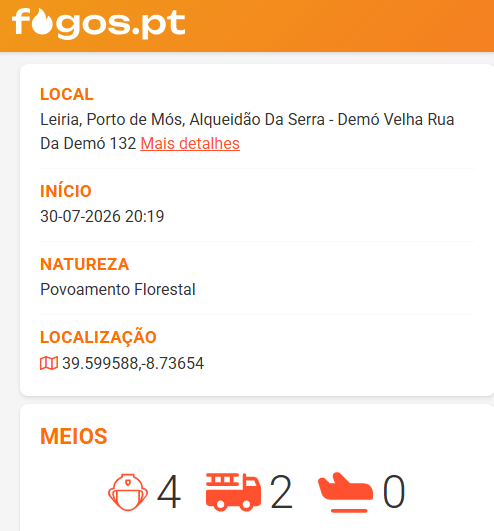 detailgegevens van een brand in Porto de Mos, Portugal.