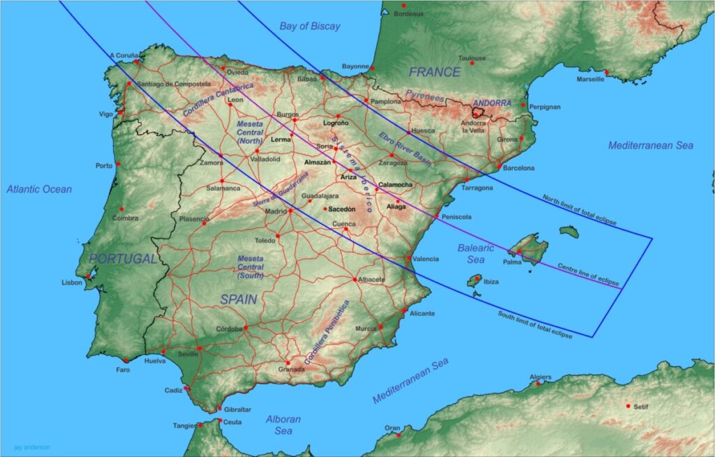 kaart van de eclips 2026 augustus 12 over Spanje en portugal