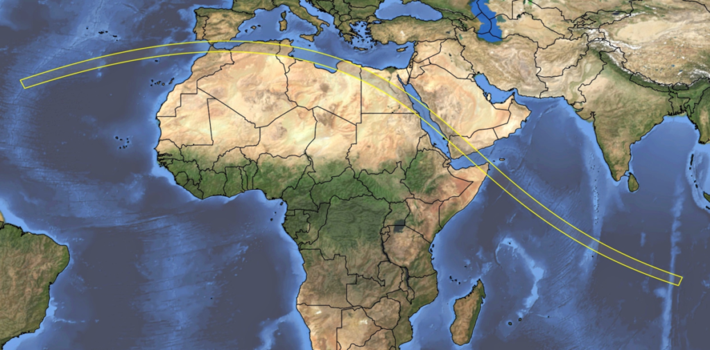 Kaart van de baan van de eclips op 2 augustus 2027 vanuit Azië over Afrika en Zuid-Europa.