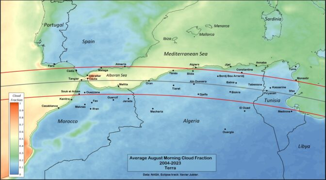 Kaart van de baan van de eclips over Noord-Afrika en Spanje en Portugal