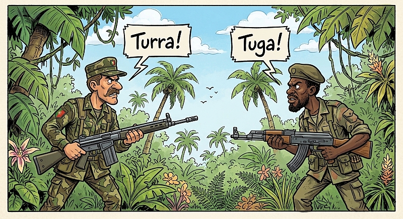 cartoon met 2 soldaten die Turra en Tuga tegen elkaar schreeuwen