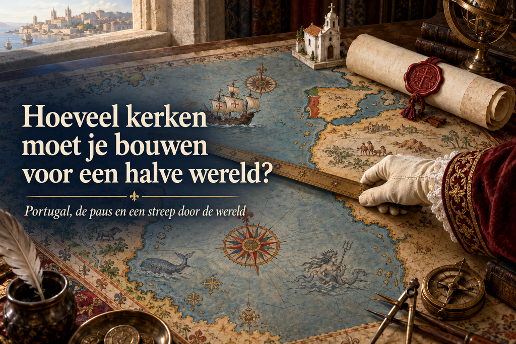 Een hand legt een liniaal over een oude zeekaart. Naast de kaart liggen een pauselijke oorkonde, een scheepje en een kleine kerk.