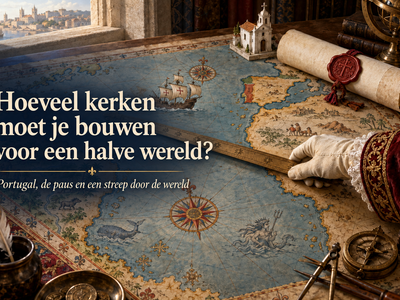 Illustratie van een hand met een liniaal op een oude zeekaart, naast een schip, een kerk en een pauselijke oorkonde.