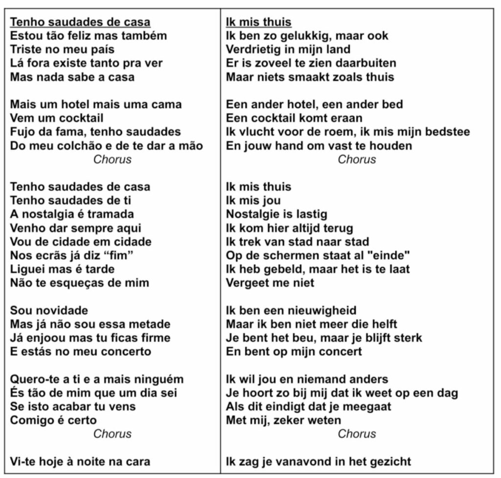 Tekst en vertaling Tenho Saudades de Casa